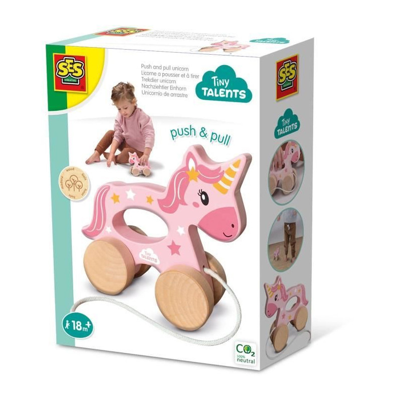 2 in 1 Wooden Unicorn - Push and Pull - SES CREATIVE - Pink unicorn to