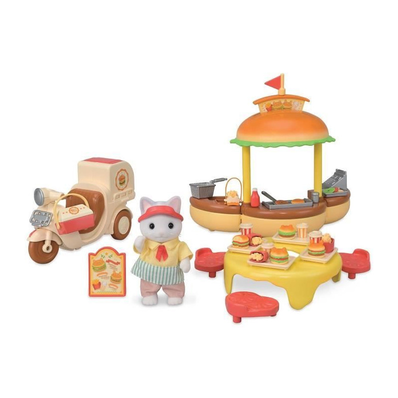 SYLVANIAN FAMILIES Food Playset - Hamburger Stand - Papa Cat Latte and
