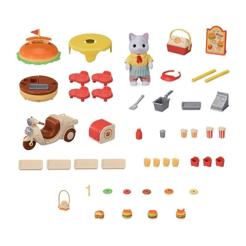 SYLVANIAN FAMILIES Food Playset - Hamburger Stand - Papa Cat Latte and