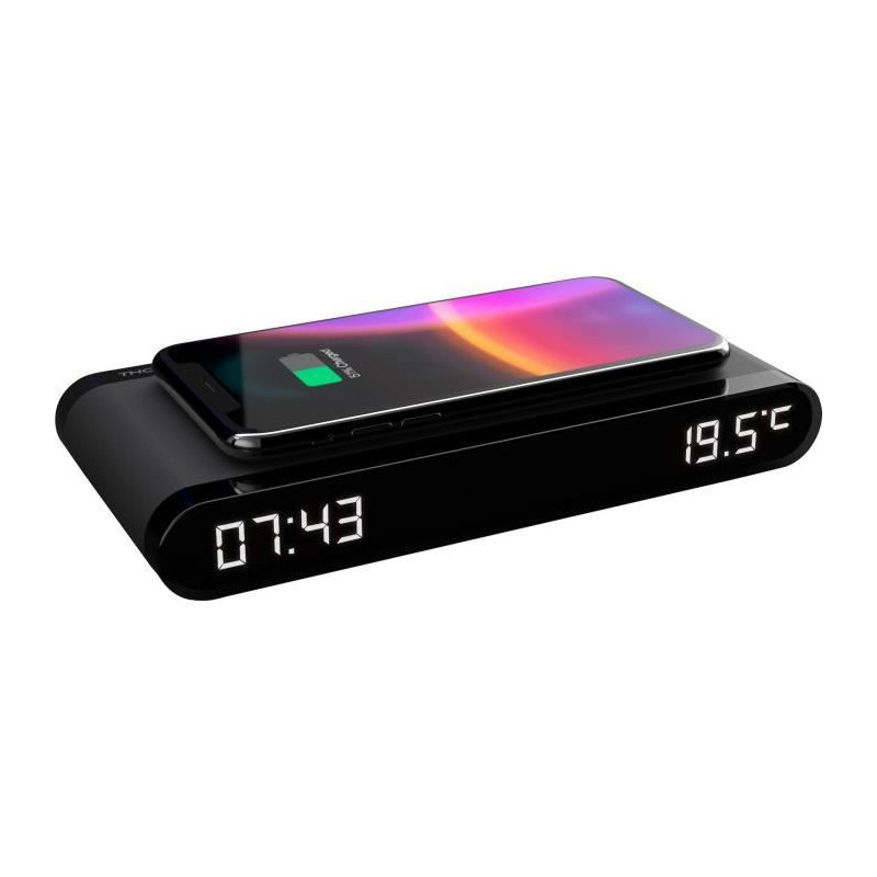 Alarm clock charging station - THOMSON - Black - 15W induction, Temper