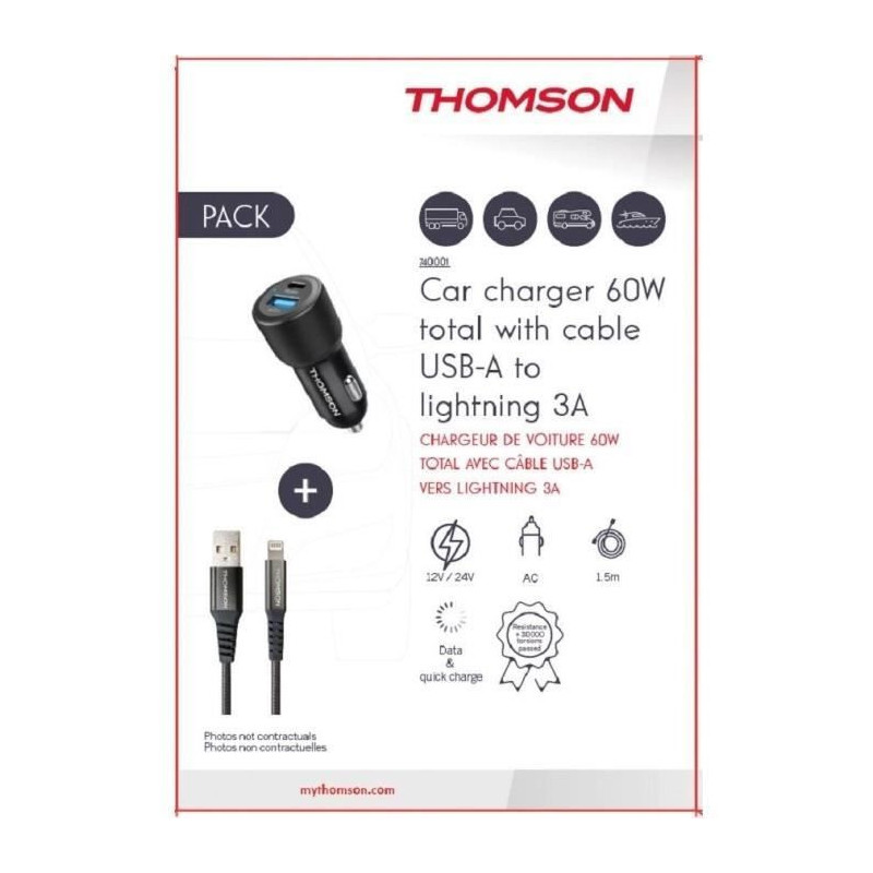 Charger + cable pack - THOMSON - 60 W car charger - USB-A to L 3A cabl