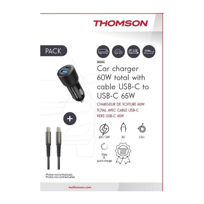 Charger + cable pack - THOMSON - 60 W car charger - 65 W C to C cable