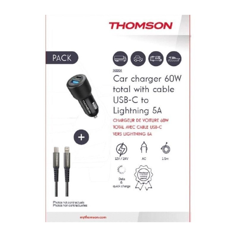 Charger + cable pack - THOMSON - 60 W car charger - C to L 5A cable -