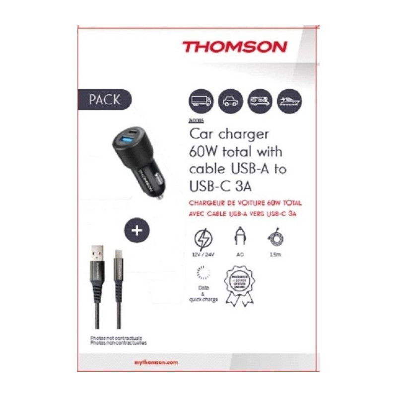 Charger + cable pack - THOMSON - 60 W car charger - USB-A to C 3A cabl