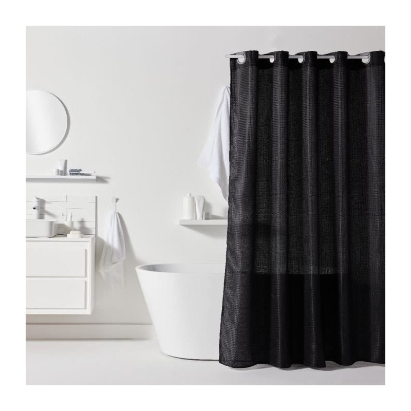 Waffle Shower Curtain - Black - Polyester - 180 x 200 cm - 12 Hooks -