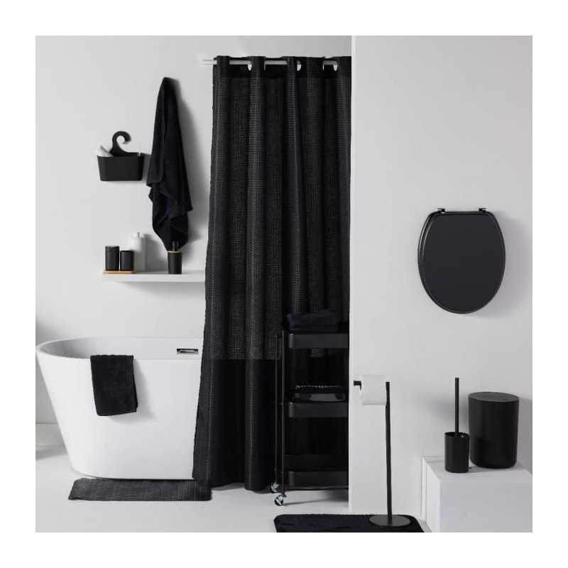 Waffle Shower Curtain - Black - Polyester - 180 x 200 cm - 12 Hooks -