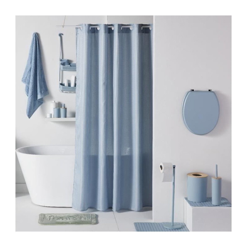 Waffle Shower Curtain - Blue - Polyester - 180 x 200 cm - 12 Hooks - U