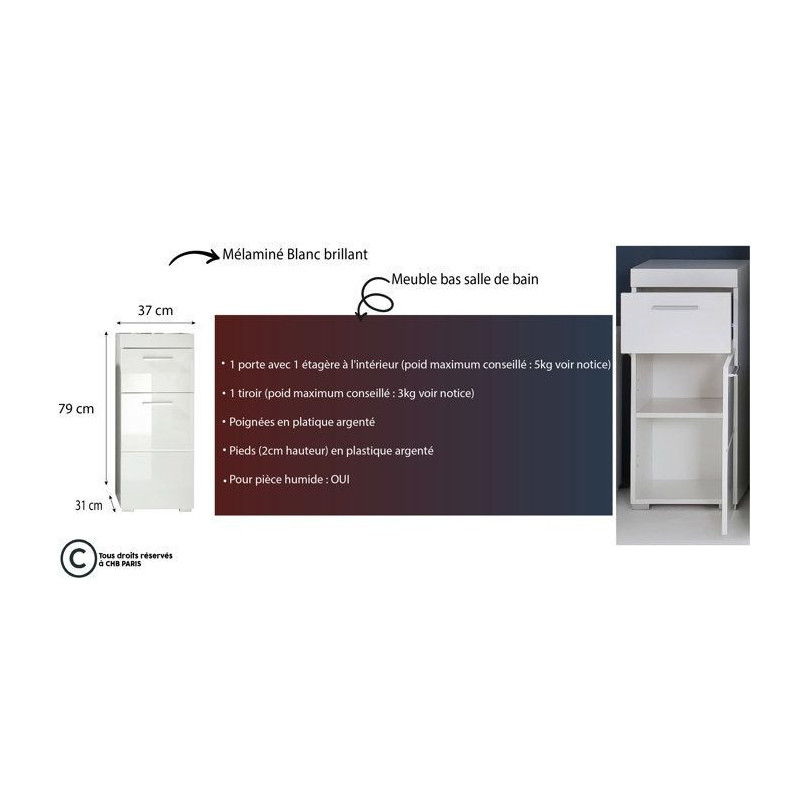 AMANDA bathroom cabinet - 1 door + 1 drawer - Glossy white - L37 x D31