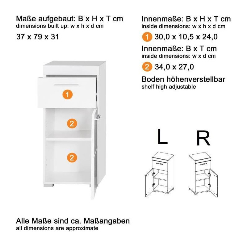 AMANDA bathroom cabinet - 1 door + 1 drawer - Glossy white - L37 x D31