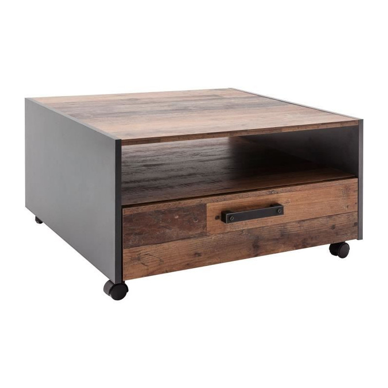 Square coffee table on wheels - Particle board - Aged wood and gray de