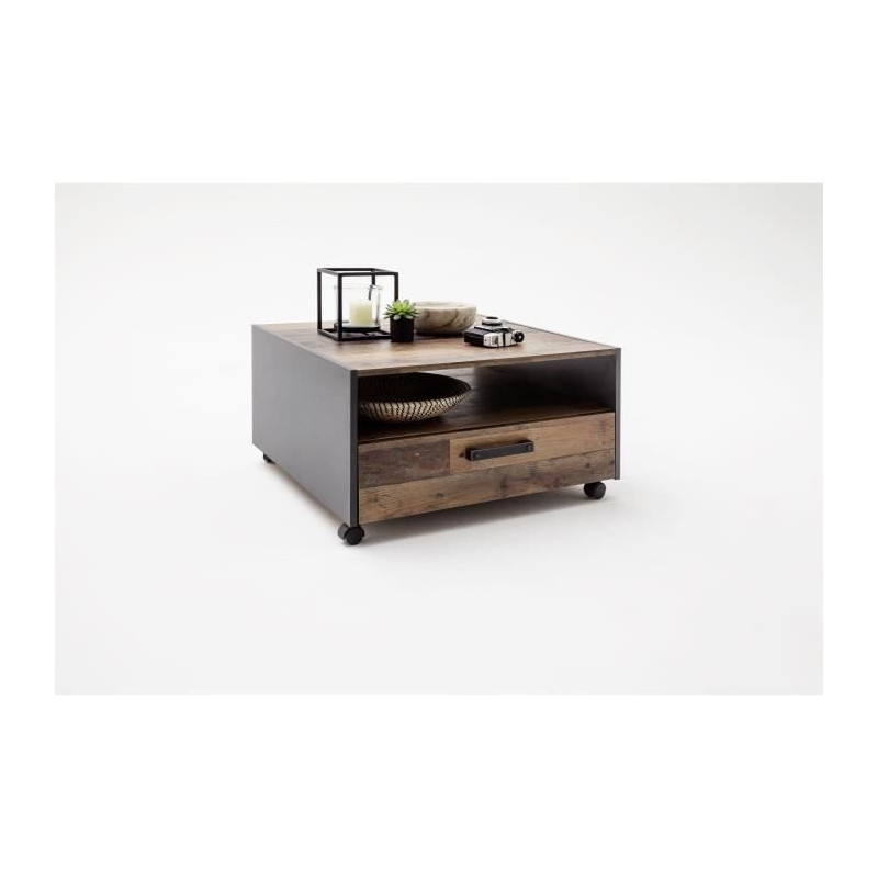 Square coffee table on wheels - Particle board - Aged wood and gray de