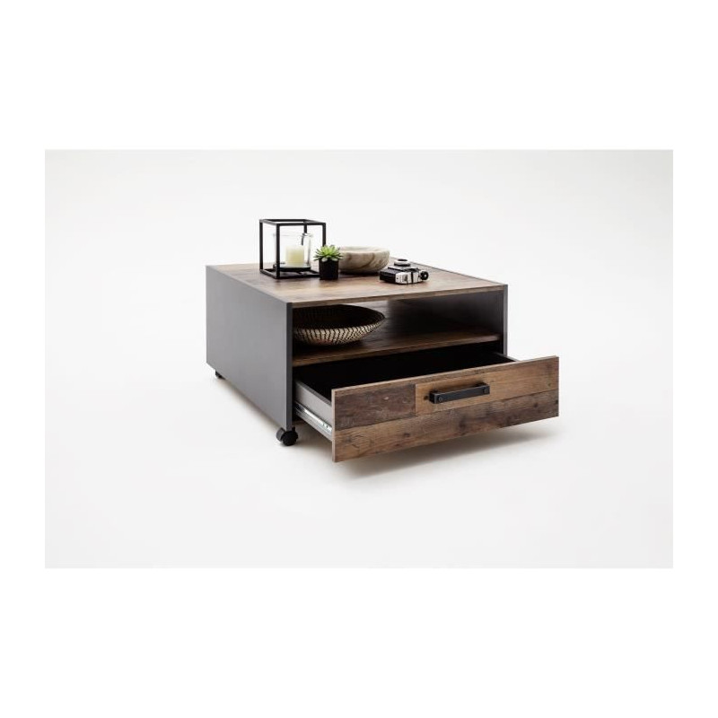 Square coffee table on wheels - Particle board - Aged wood and gray de