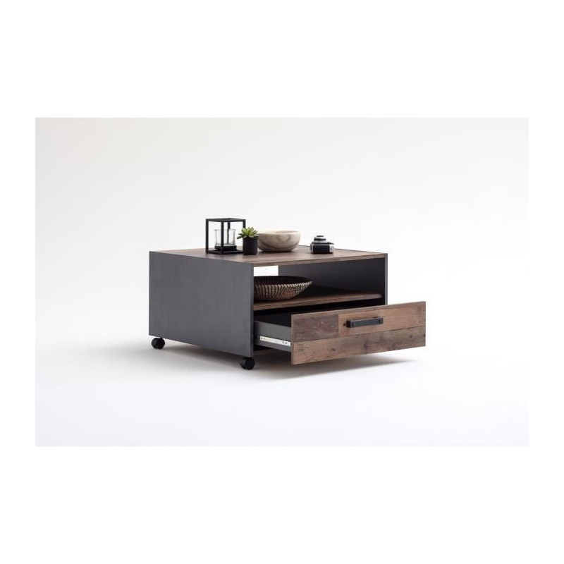 Square coffee table on wheels - Particle board - Aged wood and gray de