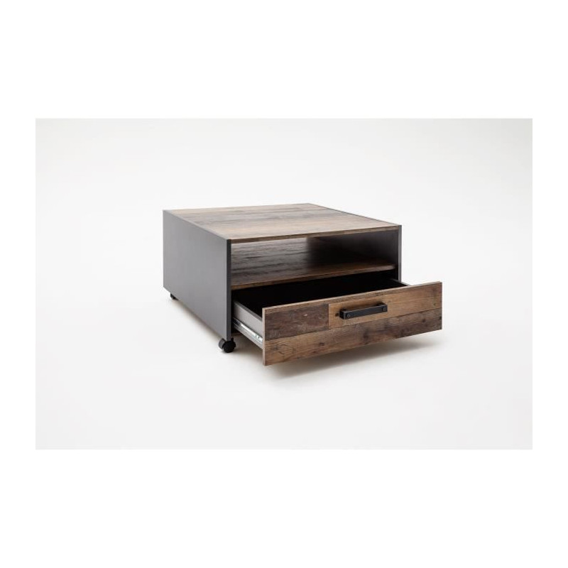 Square coffee table on wheels - Particle board - Aged wood and gray de