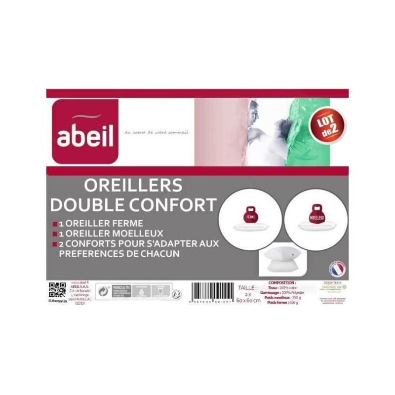 ABEIL Set of 2 pillows DOUBLE COMFORT 100% Cotton 60x60cm