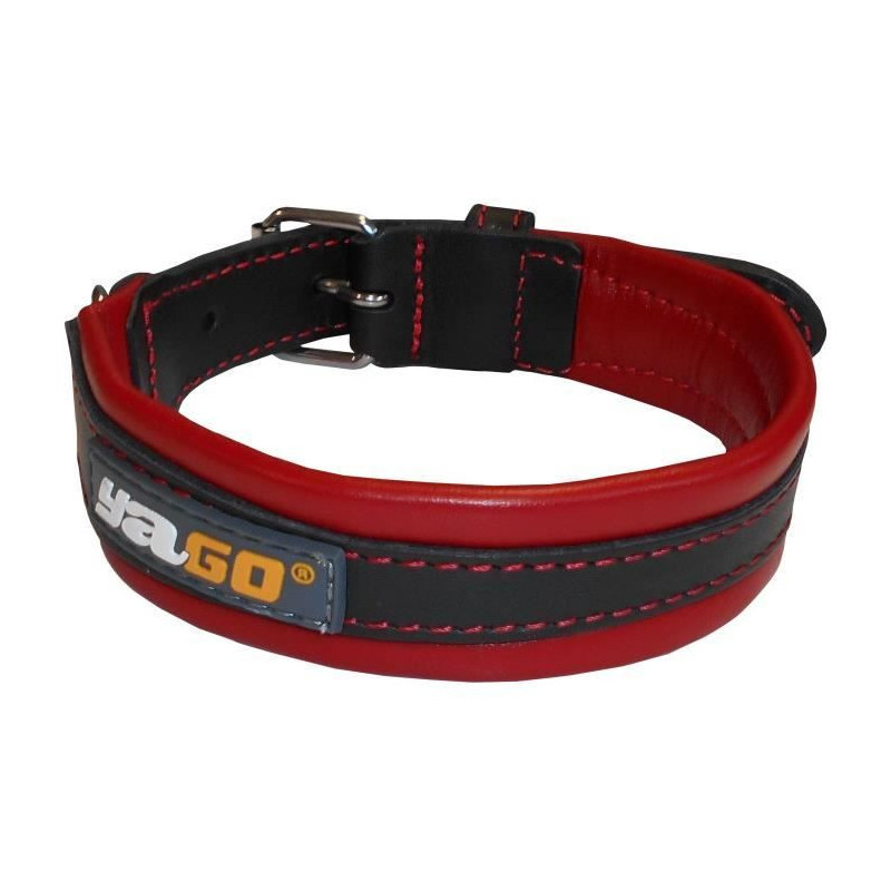 YAGO Soft and Adjustable Black and Red Leather Collar for medium dogs,