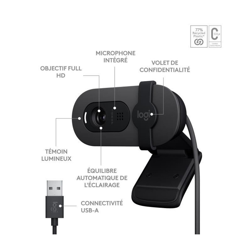 Webcam - Full HD 1080p - LOGITECH - Brio 100 - Integrated microphone -