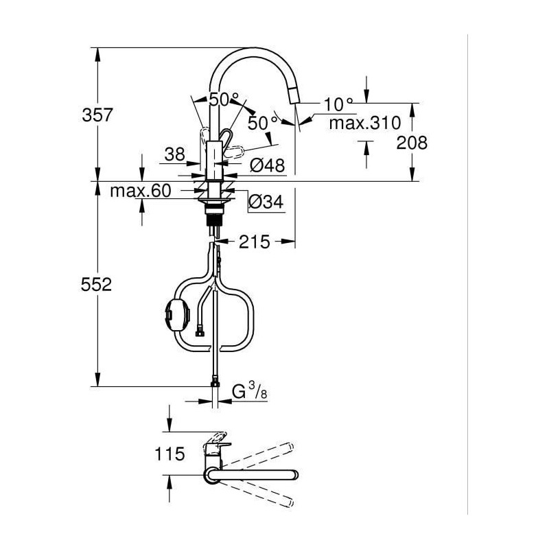 Kitchen faucet - Chrome - High C-shaped spout - Pull-out aerator - 360