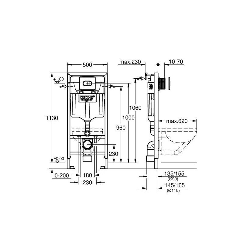 Grohe built support WC Solido 3 in 1, 1.20m, built-in support, double