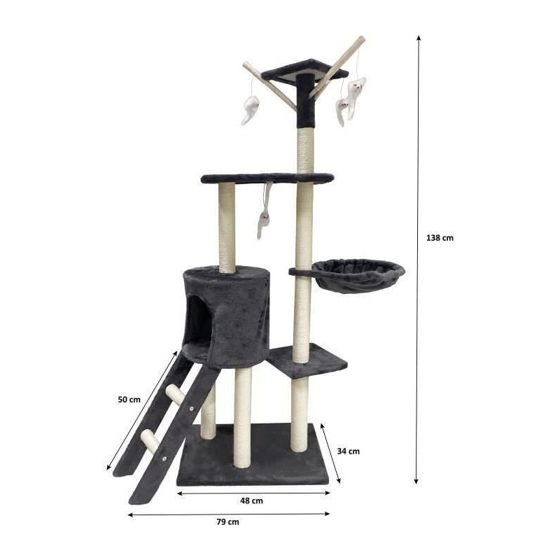 JIPSY Dark Grey Cat Tree 79 x 34 x 138 cm - 3 Platforms, 1 Perch, 1 Ni