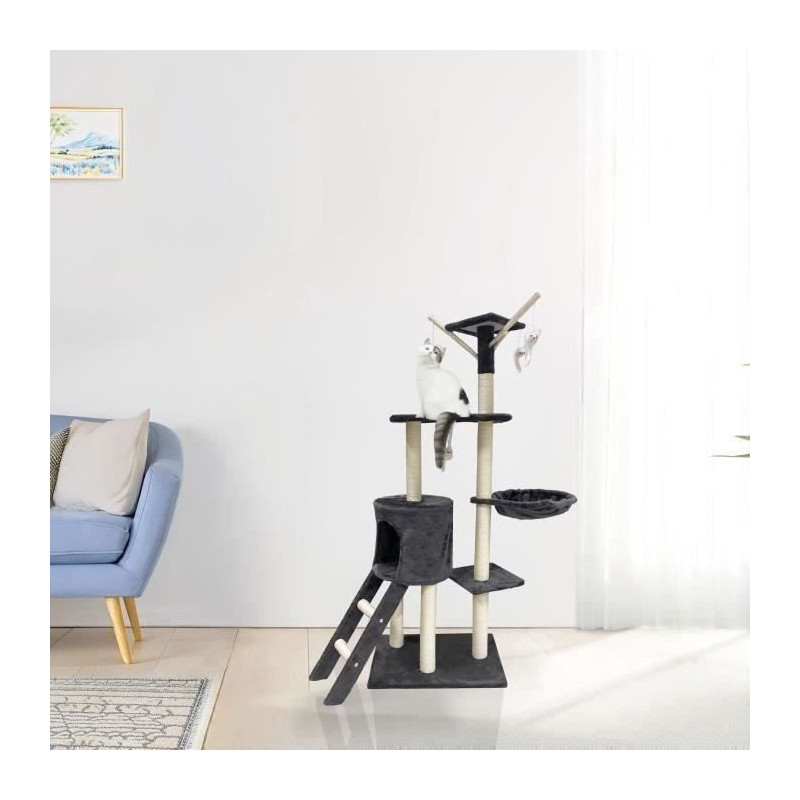 JIPSY Dark Grey Cat Tree 79 x 34 x 138 cm - 3 Platforms, 1 Perch, 1 Ni