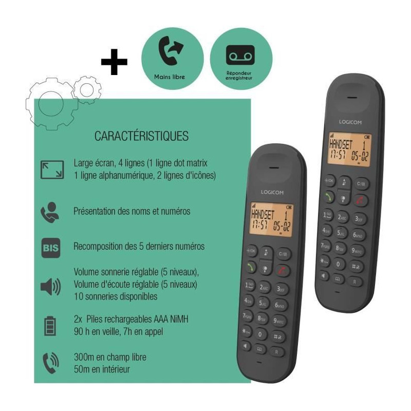 Cordless landline telephone - LOGICOM - DECT ILOA 255T DUO - Black - W