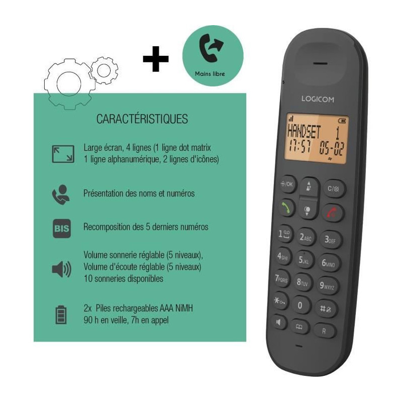 Cordless landline telephone - LOGICOM - DECT ILOA 150 SOLO - Black - W