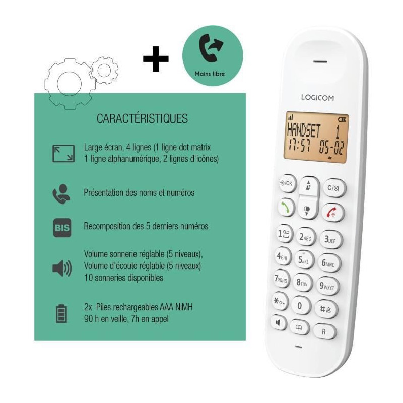 Cordless landline telephone - LOGICOM - DECT ILOA 150 SOLO - White - W