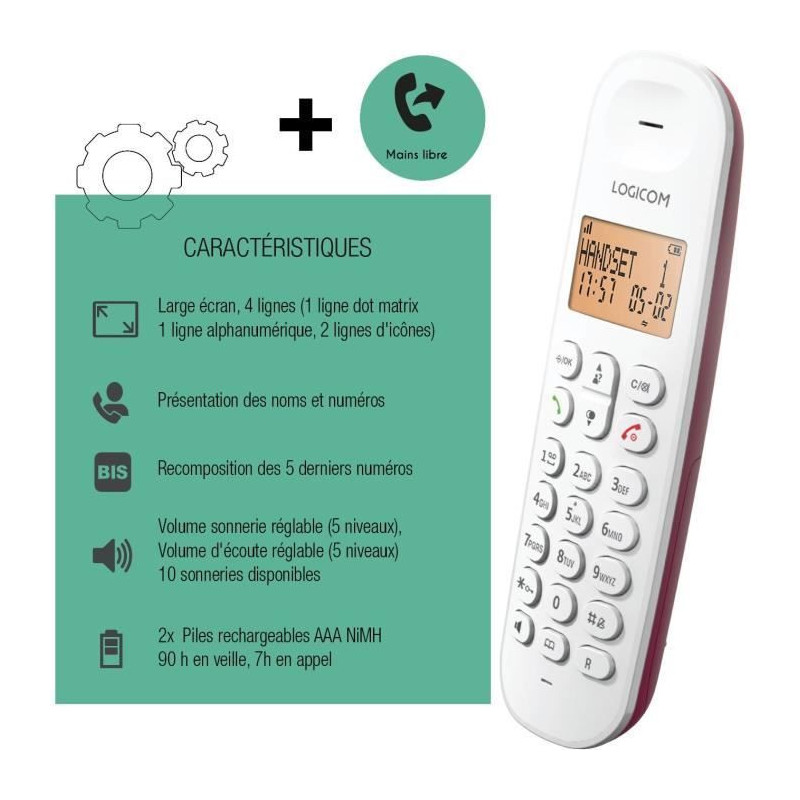 Fixed cordless telephone - LOGICOM - DECT ILOA 150 SOLO - Raspberry -