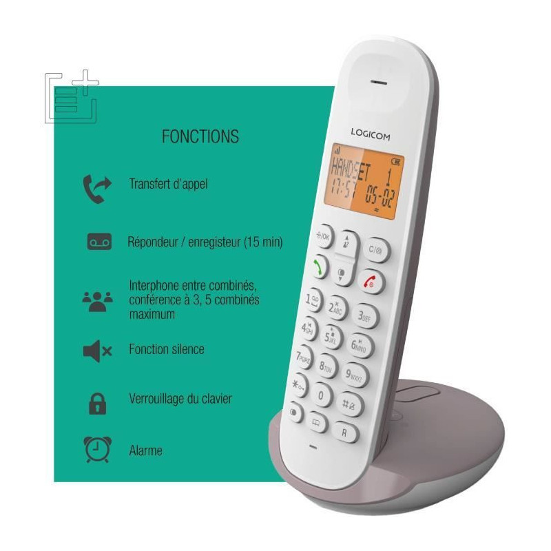 Cordless landline phone - LOGICOM - DECT ILOA 155T SOLO - Taupe - With