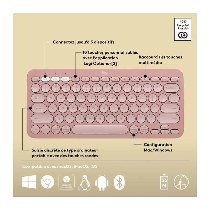 LOGITECH - Wireless keyboard - Pebble Keys 2 K380s - Bluetooth - Easy-