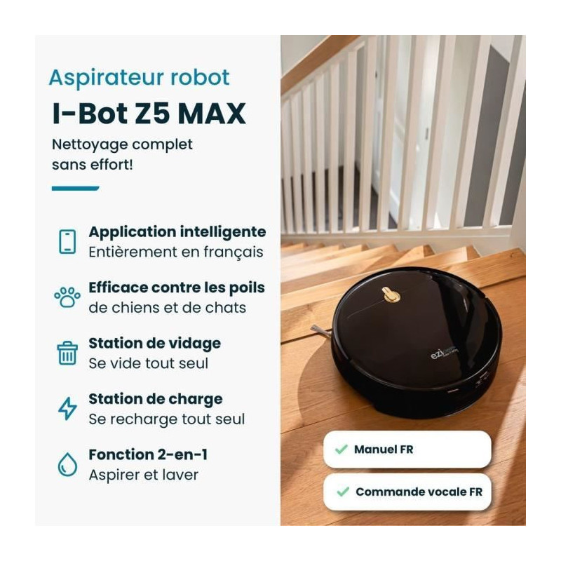 EZICLEAN I-Bot Z5 Connected Robot Vacuum Mop - 75 min - 2.6Kpa - 60-90