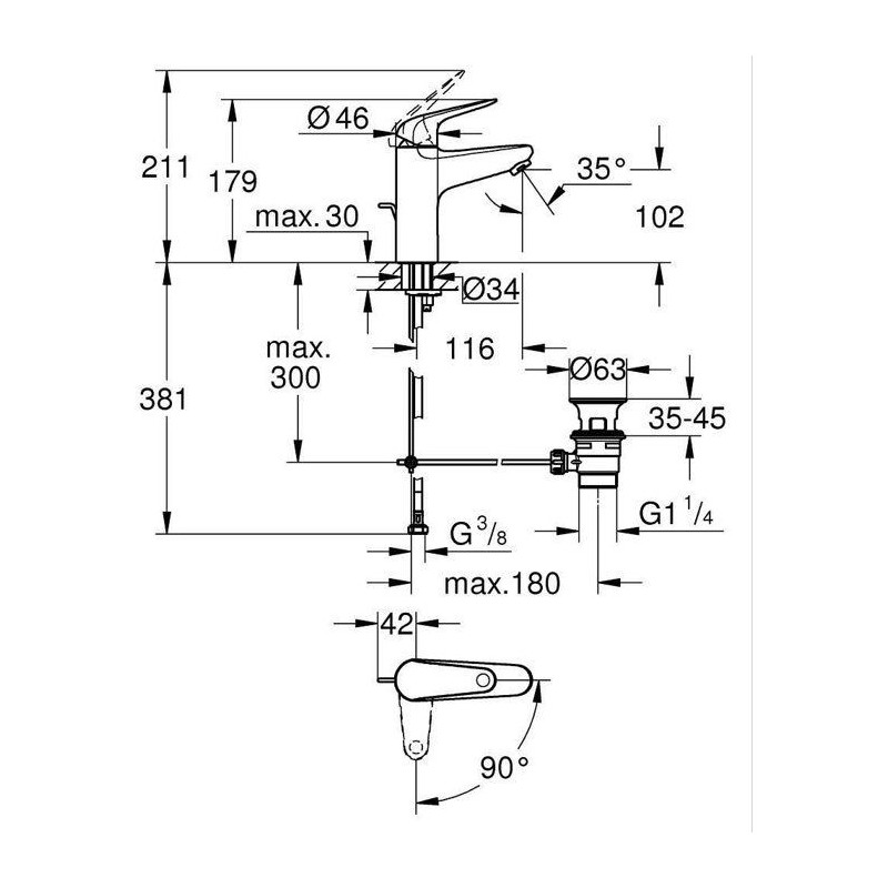 Single-lever basin mixer - GROHE Swift - 24328001 - Chrome - Size M -