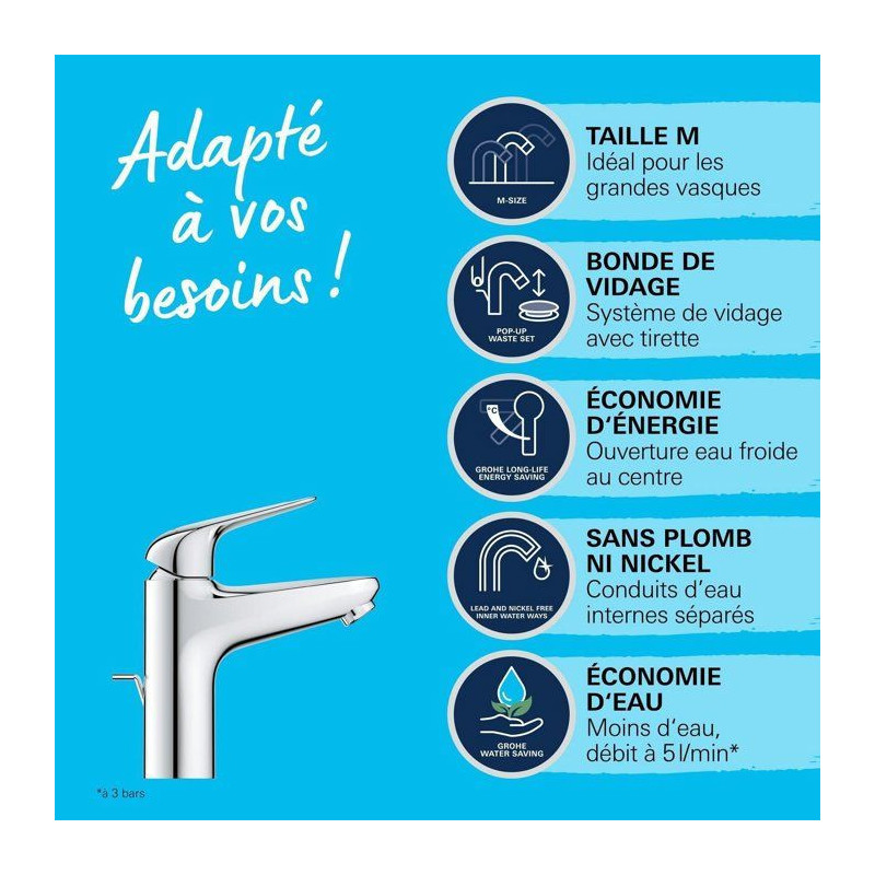 Single-lever basin mixer - GROHE Swift - 24328001 - Chrome - Size M -