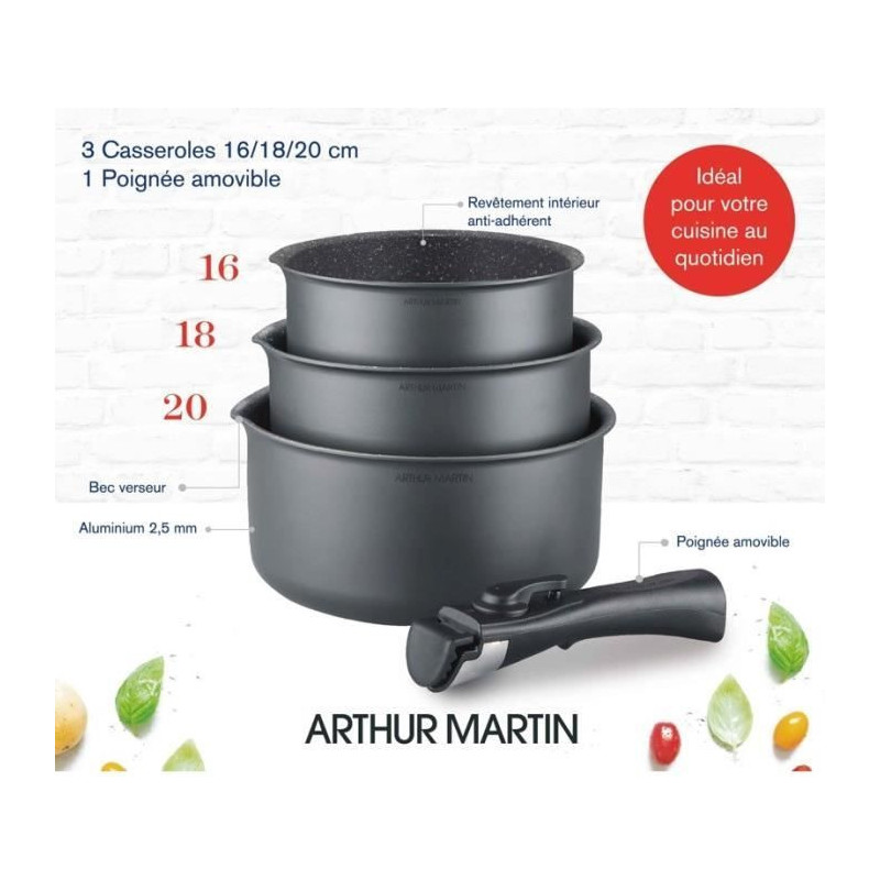 Arthur Martin AM777GM kitchen battery set of 3 pans - matt gray 16-18-