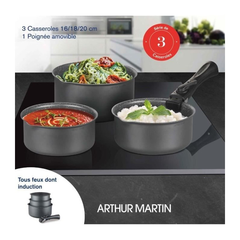 Arthur Martin AM777GM kitchen battery set of 3 pans - matt gray 16-18-