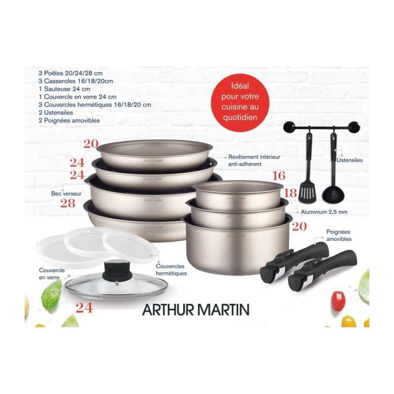 Cooking battery Arthur Martin AM133ch 15 pieces - aluminum - Removable