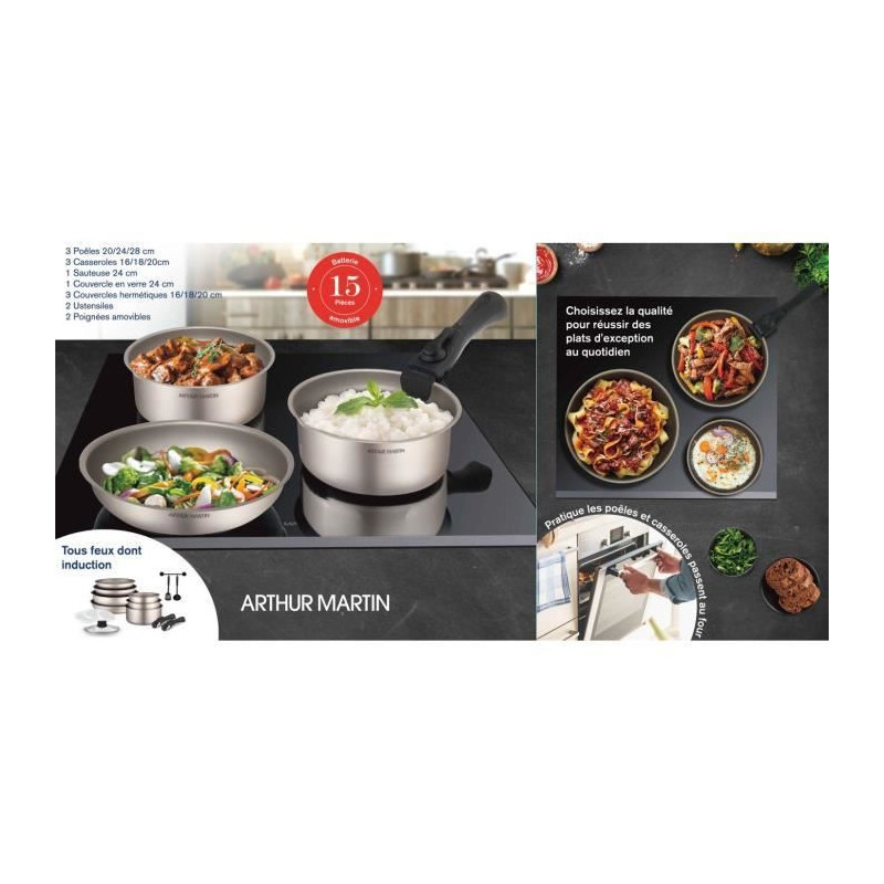 Cooking battery Arthur Martin AM133ch 15 pieces - aluminum - Removable