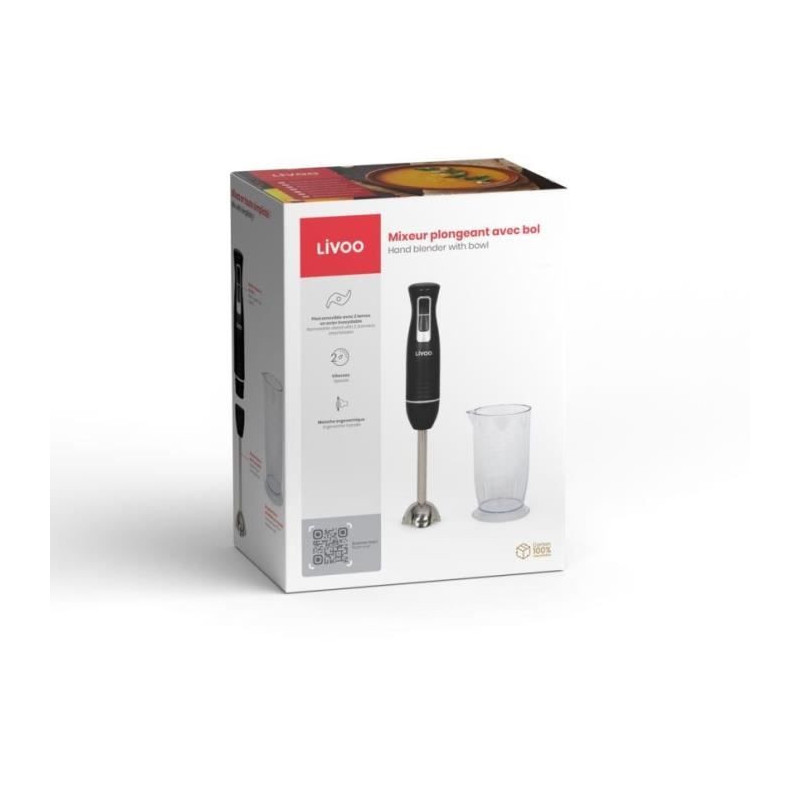 Hand blender with bowl - LIVOO - DOP245N - 400 W - 2 speeds - Black
