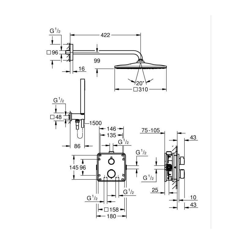 Built-in shower set - 1 jet - Thermostatic mixer - GROHE - 34881000 -