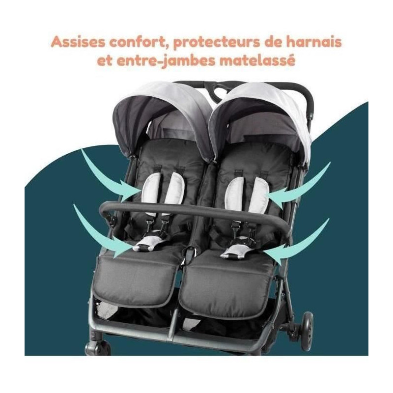 Bambisol - DS209 GREY BLACK - Side-by-Side Double Stroller | For Twins