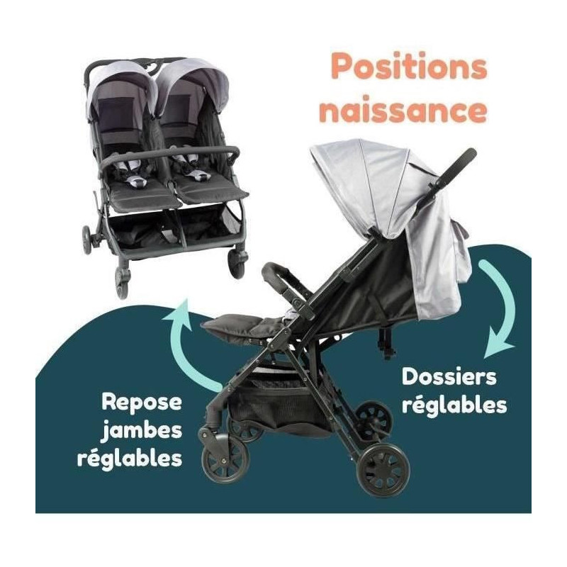 Bambisol - DS209 GREY BLACK - Side-by-Side Double Stroller | For Twins