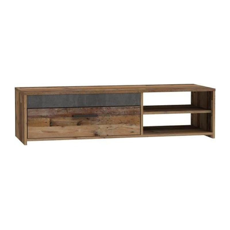 TV unit 1 drawer 2 niches - Old wood and dark gray concrete decor - L
