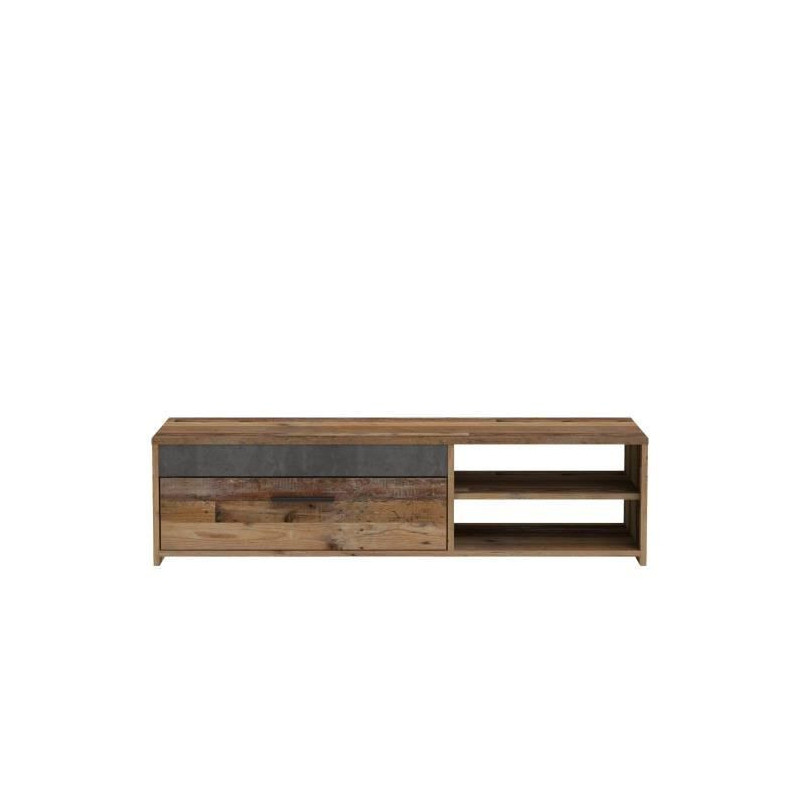 TV unit 1 drawer 2 niches - Old wood and dark gray concrete decor - L