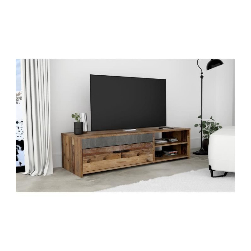 TV unit 1 drawer 2 niches - Old wood and dark gray concrete decor - L