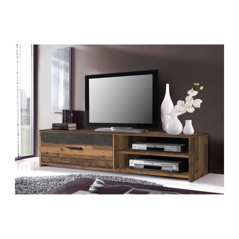 TV unit 1 drawer 2 niches - Old wood and dark gray concrete decor - L