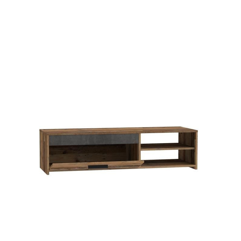 TV unit 1 drawer 2 niches - Old wood and dark gray concrete decor - L