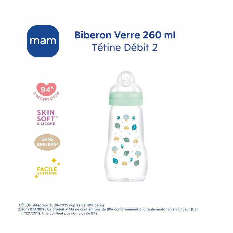 MAM Glass Bottle - 260ml - 0 to 6 months - Teat Flow 2 - Blue