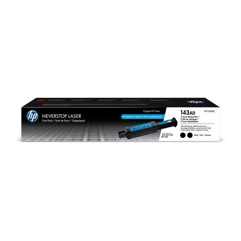HP 143A Pack of 2 Genuine Neverstop Black Toner Refill Kit (W1143AD),