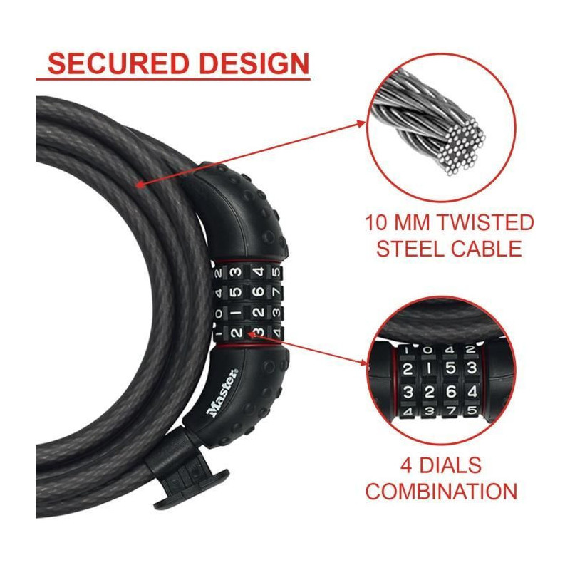 Bike Lock - MASTER LOCK - 8120EURDPRO - Twisted Steel Cable - 1.8m Len